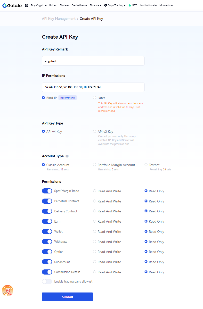 How to get an API key for Gate.io – Cryptact Help Center